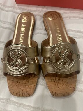 Sam & Libby Lana Gold Cork-Trim Slide Sandals